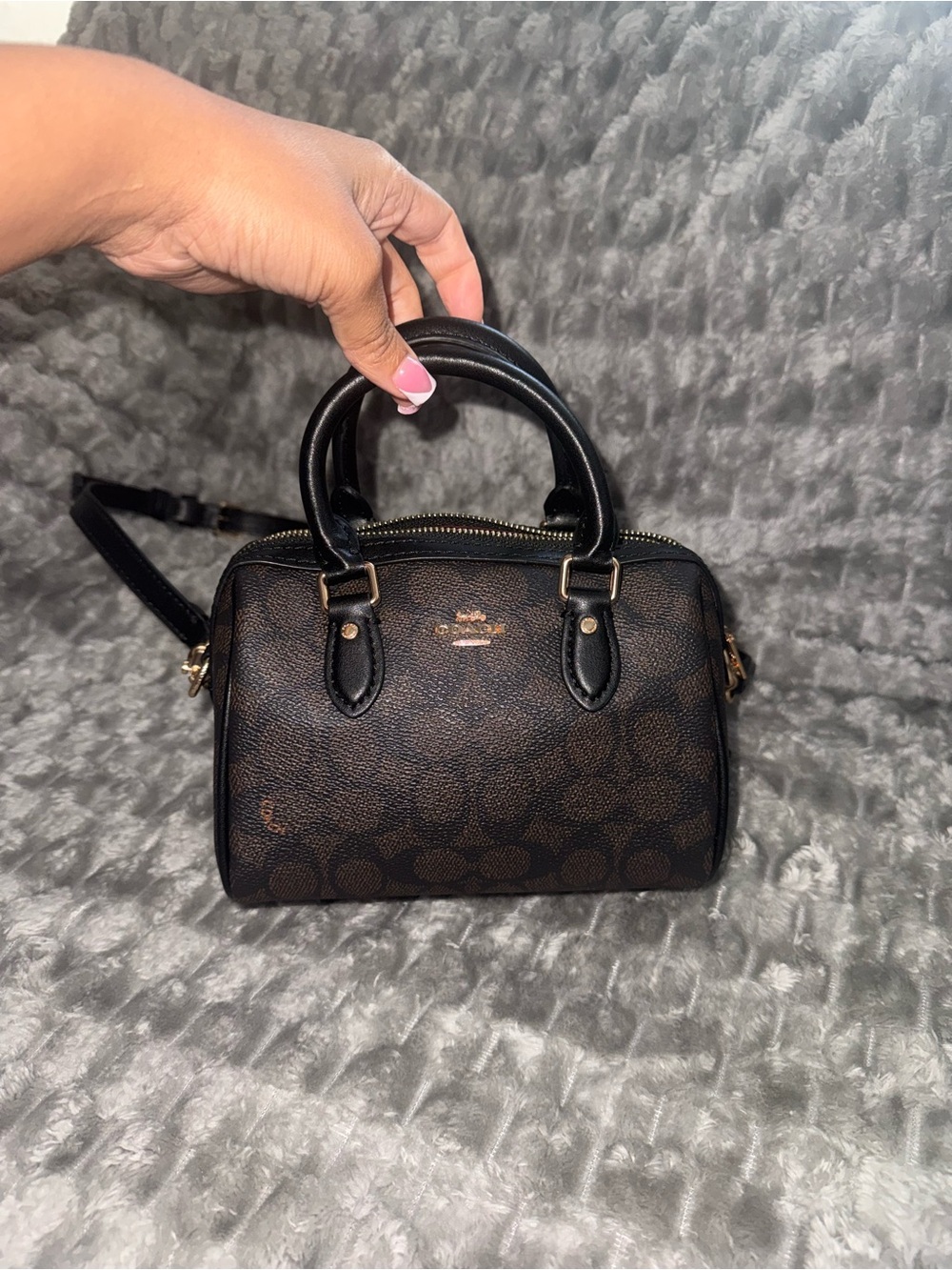 Coach Dark Brown Signature Mini Satchel with Black Handles